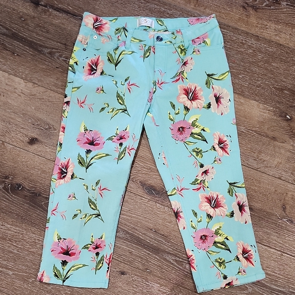 EUC OSO Tripical Floral Print Turquoise Pink Cropped Capri Jeans Resort Floral 6